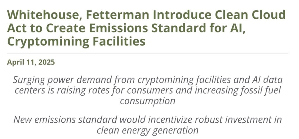 डेमोक्रेटिक पार्टी ने "क्लीन क्लाउड एक्ट" का प्रस्ताव रखा हरित ऊर्जा को अपनाने के लिए अमेरिकी बिटकॉइन खनन कंपनियों और एआई कंप्यूटिंग केंद्रों की आवश्यकता है: 2035 तक शून्य कार्बन उत्सर्जन प्राप्त करें"><figcaption id="caption-attachment-412772" class="oibqgr">स्रोत: www.epw.senate.gov</figcaption></figure><h3>बिल का मुख्य तंत्र: क्षेत्रीय उत्सर्जन सीमा और वार्षिक कटौती</h3><p>के अनुसार मसौदे की सामग्री, बिल वर्तमान "स्वच्छ वायु अधिनियम" (स्वच्छ वायु अधिनियम) में संशोधन करेगा। आगे बढ़ते हुए, क्रिप्टोक्यूरेंसी खनन फार्म और एआई कंप्यूटिंग केंद्रों सहित 100 किलोवाट (किलोवाट) से अधिक ऊर्जा क्षमता वाले सभी डेटा केंद्रों को क्षेत्र-विशिष्ट उत्सर्जन सीमाओं का पालन करना होगा। </p><p>इन सीमाओं के मानक अमेरिकी ऊर्जा विभाग द्वारा प्रकाशित नेशनल ट्रांसमिशन रिक्वायरमेंट्स स्टडी में परिभाषित विभिन्न बिजली क्षेत्रों की विशेषताओं पर आधारित होंगे। इसका मतलब यह है कि प्रत्येक क्षेत्र में ऊर्जा संरचनाओं और पावर ग्रिड में अंतर को ध्यान में रखते हुए, विभिन्न क्षेत्रों में सुविधाओं को अलग-अलग उत्सर्जन कटौती दबाव का सामना करना पड़ेगा। </p><p>बिल में कहा गया है कि <strong>प्रत्येक क्षेत्र के लिए विशिष्ट उत्सर्जन सीमा 2025 के अंत से पहले निर्धारित की जाएगी। इसके बाद, 2035 में शून्य उत्सर्जन तक पहुंचने तक सीमा को हर साल 11% कम किया जाएगा। </strong>उत्सर्जन सीमा को पूरा करने में विफल रहने वाली कंपनियों के लिए, उनके अतिरिक्त उत्सर्जन के आधार पर मुद्रास्फीति-समायोजित जुर्माना लगाया जाएगा। </p><p>यह ध्यान देने योग्य है कि मसौदा स्पष्ट रूप से संबंधित कंपनियों को अपने ग्राहकों पर इन जुर्माना लागतों को डालने से रोकता है, यह सुनिश्चित करते हुए कि कंपनियां स्वयं पर्यावरणीय जिम्मेदारियां लेती हैं। </p><h3>सख्त रिपोर्टिंग दायित्व और जिम्मेदारियां</h3><p>विस्तृत वार्षिक रिपोर्ट प्रस्तुत करने के लिए प्रासंगिक सुविधाओं की आवश्यकता के अलावा, रिपोर्ट में उनकी कुल बिजली खपत और बिजली स्रोतों (नवीकरणीय ऊर्जा और जीवाश्म ईंधन का अनुपात) जैसे प्रमुख डेटा शामिल होना चाहिए। </p><p>एक उल्लेखनीय विवरण यह है कि बिल जुर्माना भरने की जिम्मेदारी सुविधा मालिक के बजाय "पट्टे पर दी गई सुविधा के पट्टेदार" पर डालता है। इसका मतलब यह है कि खनन या एआई कंप्यूटिंग के लिए सर्वर स्थान किराए पर लेने वाले व्यक्तियों या कंपनियों को भी बिल के दायरे का विस्तार करते हुए रिपोर्टिंग आवश्यकताओं और संभावित जुर्माने में शामिल किया जा सकता है। </p><p>अच्छे पक्ष को देखते हुए, यदि बिल पारित हो जाता है, तो यह क्लाउड सेवा प्रदाताओं और डेटा सेंटर ऑपरेटरों को पर्यावरण नियमों के प्रति संवेदनशील ग्राहकों को आकर्षित करने के लिए अधिक सक्रिय रूप से हरित ऊर्जा समाधान खोजने के लिए प्रेरित करेगा। लेकिन यह छोटे खिलाड़ियों के लिए एक बड़ी चुनौती पैदा कर सकता है, जिनके पास ऊर्जा परिवर्तन करने या जटिल नियामक अनुपालन आवश्यकताओं से निपटने के लिए बड़ी कंपनियों के संसाधनों की कमी हो सकती है। </p><h3>एन्क्रिप्शन खनन उद्योग ने बड़ी मात्रा में नवीकरणीय ऊर्जा को अपनाया है</h3><p>पिछले साल के अंत के आंकड़ों के अनुसार, वैश्विक बिटकॉइन खनन नेटवर्क द्वारा उपयोग की जाने वाली 50% से अधिक ऊर्जा वास्तव में पानी, हवा और सौर ऊर्जा जैसे नवीकरणीय ऊर्जा स्रोतों से आती है। आइसलैंड और क्यूबेक, कनाडा जैसे प्रचुर और सस्ती हरित ऊर्जा वाले क्षेत्र खनिकों के लिए लोकप्रिय विकल्प बन गए हैं। </p><p>यदि भविष्य में "क्लीन क्लाउड एक्ट" वास्तव में पारित हो जाता है, तो खनन कंपनियां और एआई कंप्यूटिंग केंद्र निस्संदेह नवीकरणीय ऊर्जा को अपनाने की गति में तेजी लाएंगे, और उन कंपनियों को खत्म कर सकते हैं जो अनुकूलन करने में असमर्थ या अनिच्छुक हैं। </p><p>कुल मिलाकर, मसौदा काफी आक्रामक उत्सर्जन कटौती कार्यक्रम है, जो संबंधित कंपनियों को जल्द से जल्द ऊर्जा परिवर्तन रणनीतियों की योजना बनाने के लिए मजबूर करता है। हालाँकि, ट्रम्प प्रशासन के संदर्भ में, उन्होंने बार-बार कहा है कि ग्लोबल वार्मिंग का कार्बन उत्सर्जन से कोई लेना-देना नहीं है। इस बिल को कांग्रेस में रिपब्लिकन के विरोध का सामना करना पड़ेगा (रिपब्लिकन तर्क दे सकते हैं कि अत्यधिक कड़े पर्यावरण नियम नवाचार को रोक देंगे और क्रिप्टोकरेंसी और एआई के दो अग्रणी क्षेत्रों में संयुक्त राज्य अमेरिका की प्रतिस्पर्धात्मकता को कमजोर कर देंगे)। यह भविष्य में पारित होगा या नहीं यह अभी भी अनिश्चित है। </p>